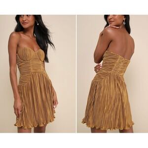 Lulus Deeply Glamorous Gold‎ Plisse Strapless Drop Waist Mini Dress Size Large